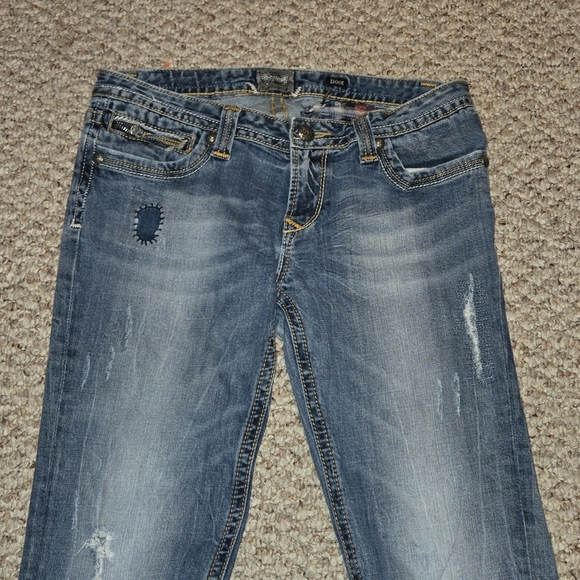 REROCK for EXPRESS Distressed Boot Blue Jeans Sz 10R Patch Work Women's - Picture 2 of 10